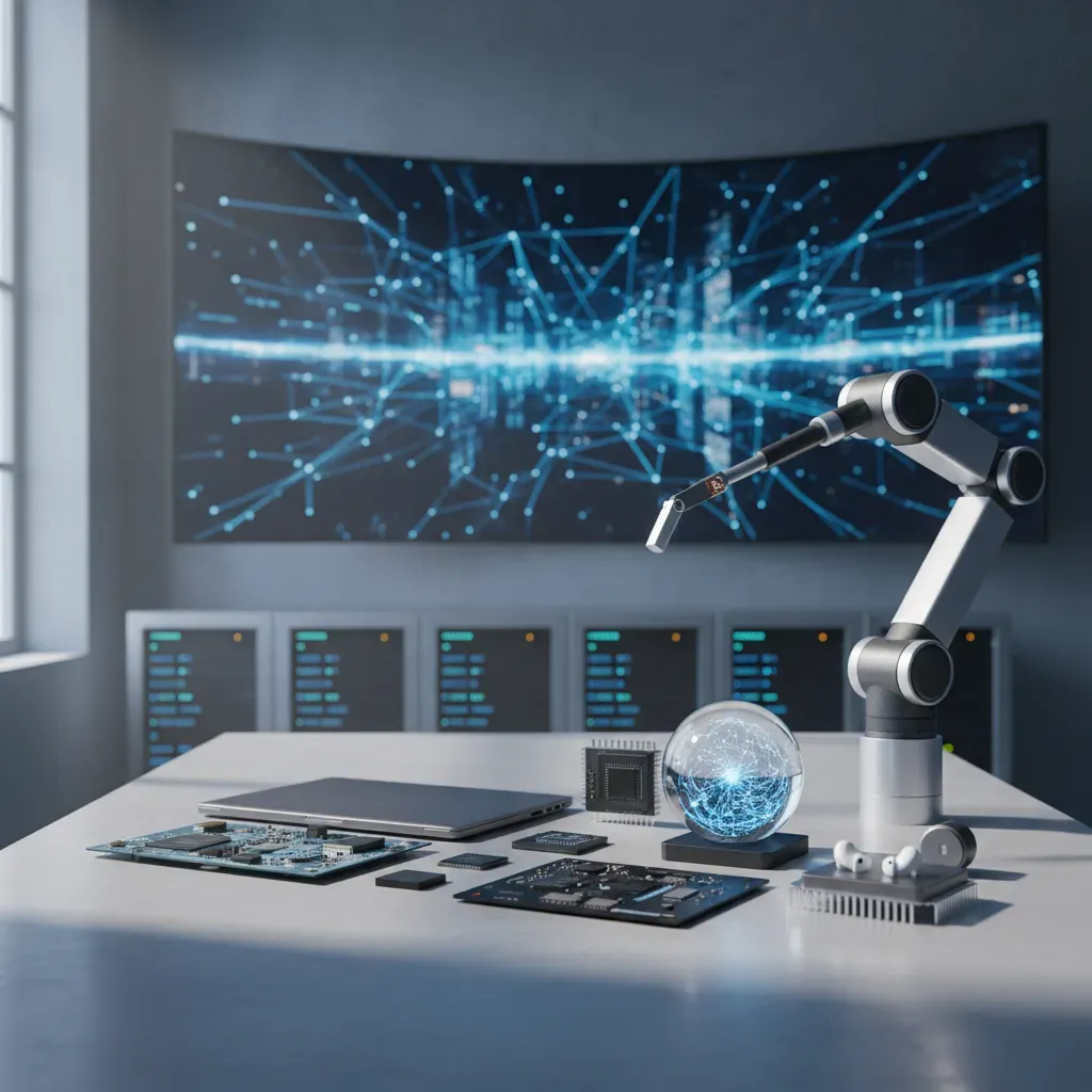 Modern hardware engineering tools, computer microchips, and sleek electronic devices arranged in an aesthetic workspace.