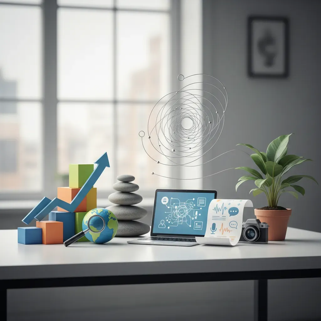 Modern minimalist desk with a laptop, charts, notebook, and digital marketing tools under soft natural light.