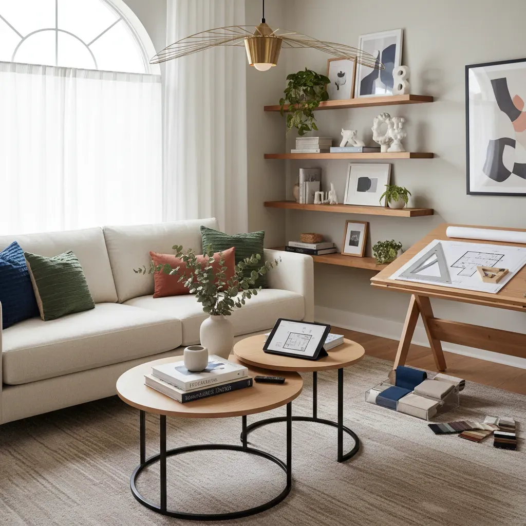 Modern minimalist living room featuring stylish furniture, neutral color palette, and warm ambient lighting.