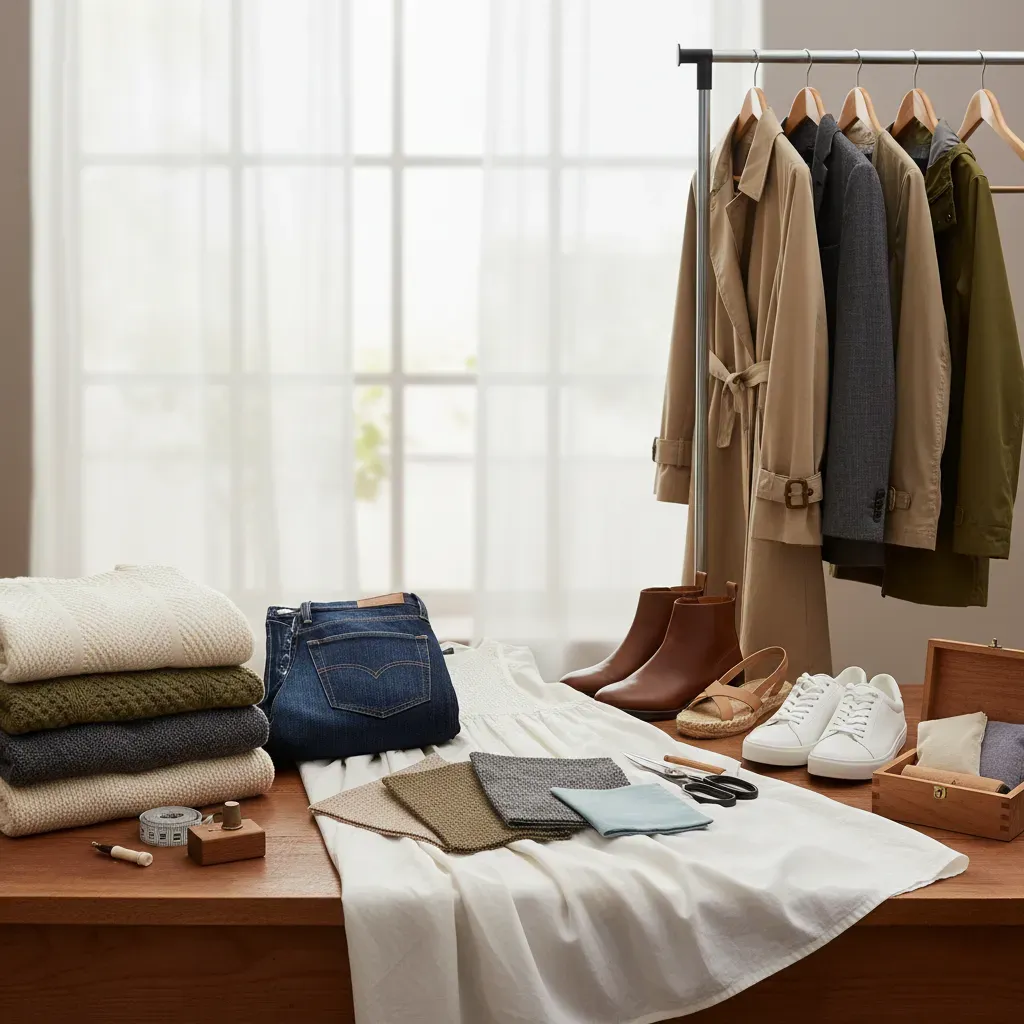 Neatly folded neutral garments and wooden hangers arranged on a minimalist rack.