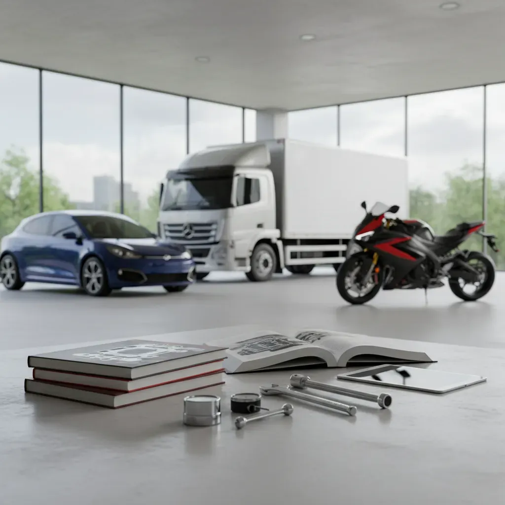 Modern motorized vehicles including a car, truck, and motorcycle parked together in a sleek garage with tools nearby.