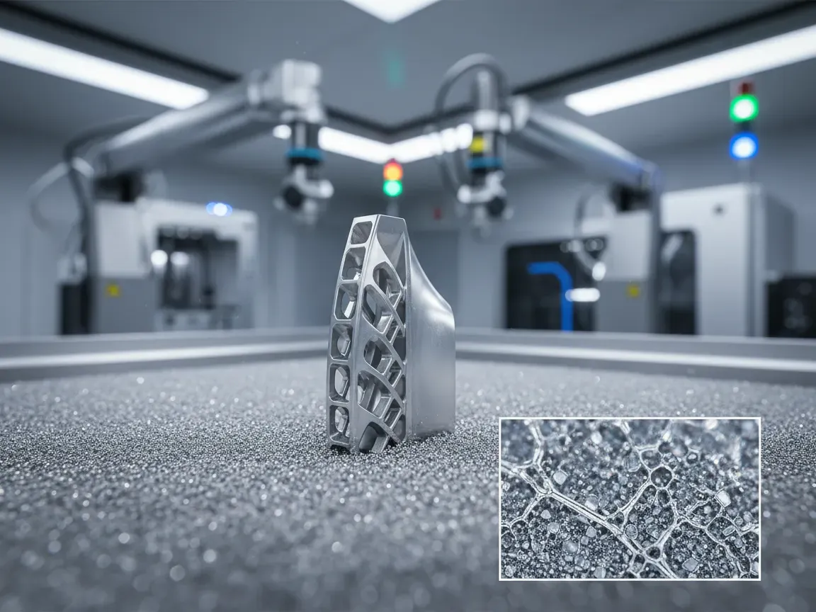 Close-up of a precision-sintered metallic part resting in fine titanium powder under clean, high-tech lab lighting.